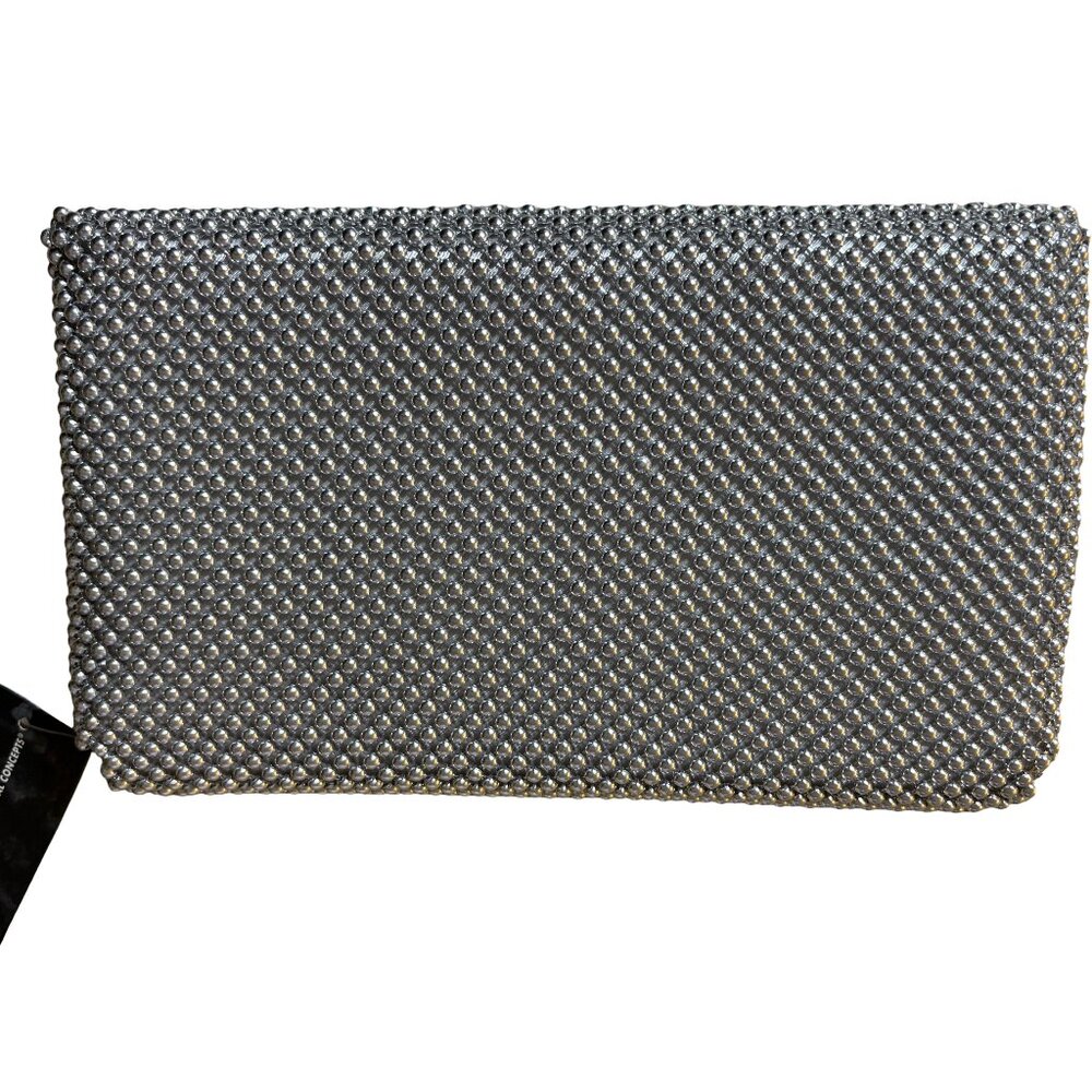 INC International Concepts Silver Beaded Clutch with Chain Strap- NWT